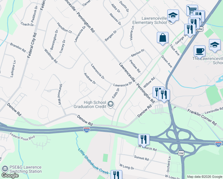 map of restaurants, bars, coffee shops, grocery stores, and more near 4 Theresa Drive in Lawrence Township