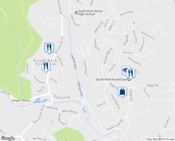 map of restaurants, bars, coffee shops, grocery stores, and more near 700 Hidden Ridge Court in South Park Township