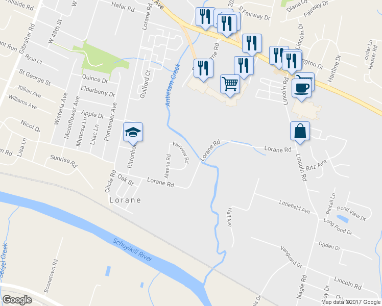 map of restaurants, bars, coffee shops, grocery stores, and more near 314 Fairview Road in Reading