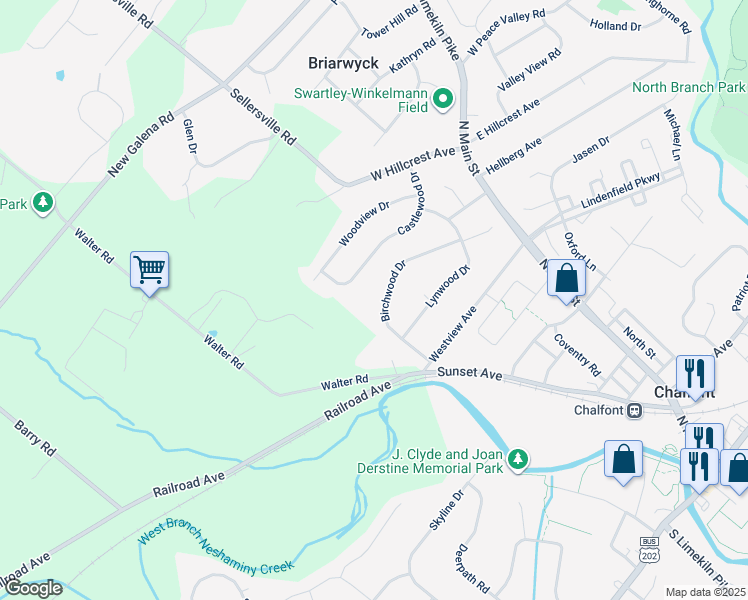 map of restaurants, bars, coffee shops, grocery stores, and more near 129 Birchwood Drive in Chalfont