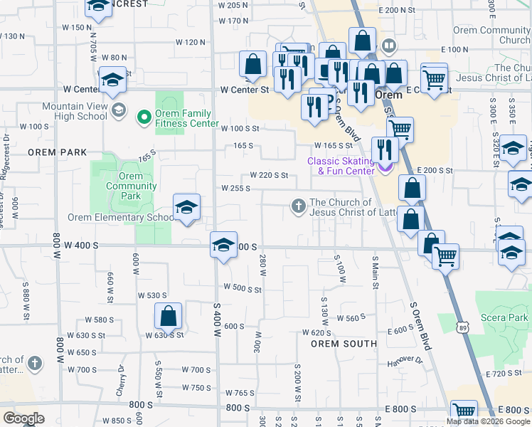map of restaurants, bars, coffee shops, grocery stores, and more near 319 280 West in Orem