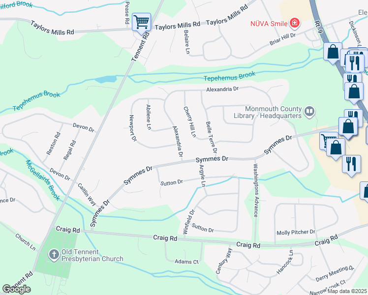 map of restaurants, bars, coffee shops, grocery stores, and more near 85 Alexandria Drive in Manalapan Township