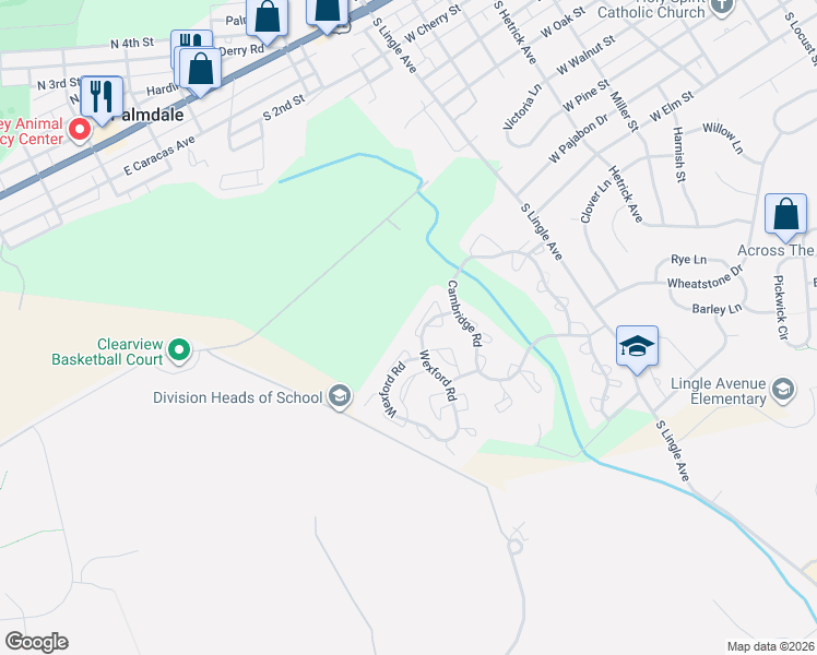 map of restaurants, bars, coffee shops, grocery stores, and more near 1845 Wexford Road in Palmyra