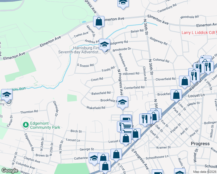 map of restaurants, bars, coffee shops, grocery stores, and more near 3219 Cloverfield Rd in Harrisburg