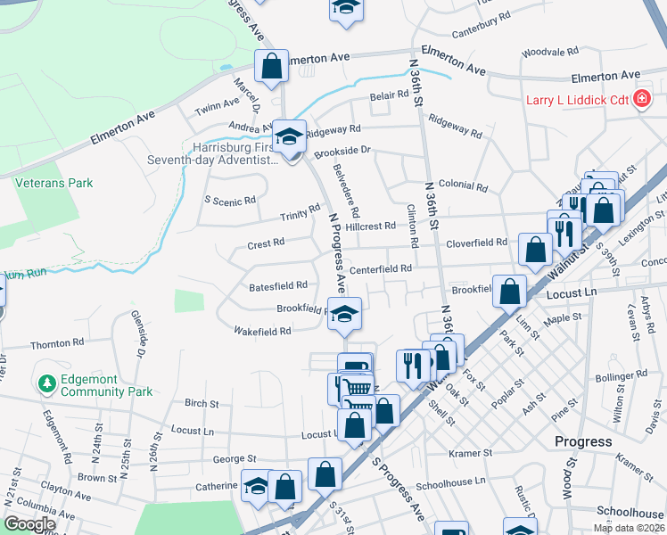 map of restaurants, bars, coffee shops, grocery stores, and more near 318 North Progress Avenue in Harrisburg