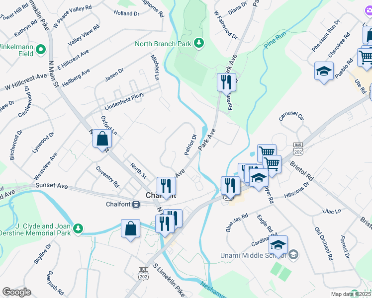 map of restaurants, bars, coffee shops, grocery stores, and more near 89 Patriot Drive in Chalfont