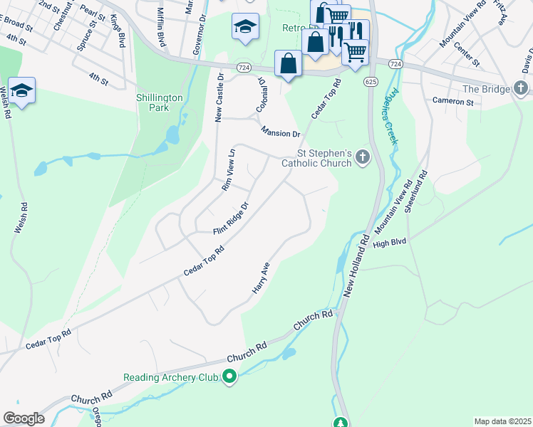 map of restaurants, bars, coffee shops, grocery stores, and more near 1256 Cedar Top Road in Reading