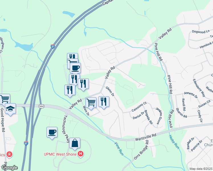 map of restaurants, bars, coffee shops, grocery stores, and more near 2339 Gleim Drive in Enola