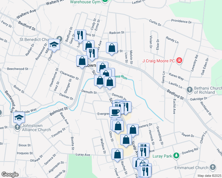 map of restaurants, bars, coffee shops, grocery stores, and more near 651 Lamberd Avenue in Johnstown