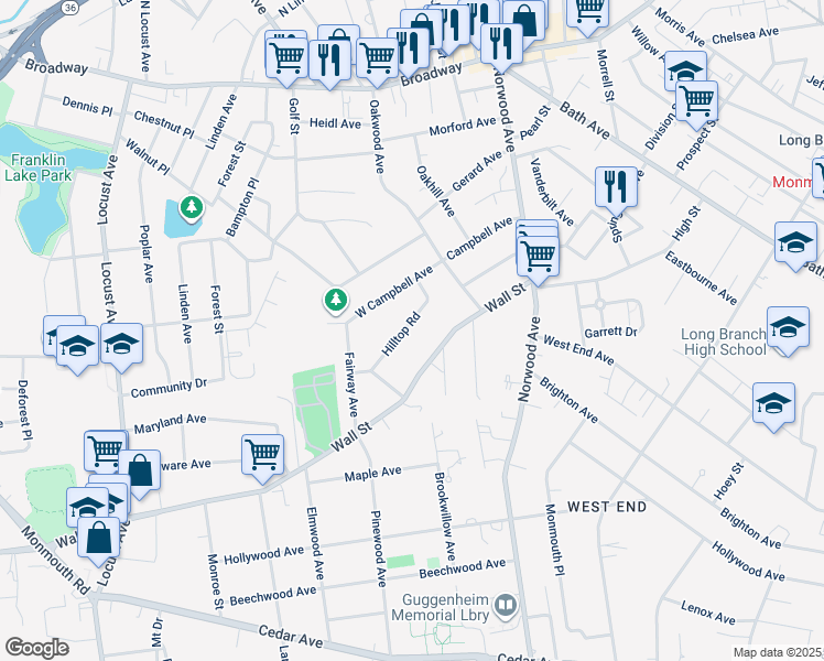 map of restaurants, bars, coffee shops, grocery stores, and more near 26 Hilltop Road in West Long Branch