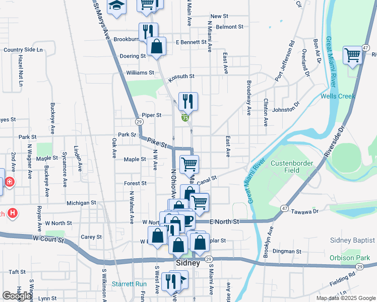 map of restaurants, bars, coffee shops, grocery stores, and more near 537 North Main Avenue in Sidney