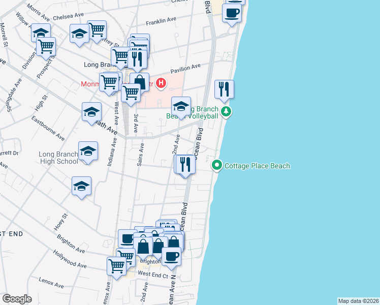 map of restaurants, bars, coffee shops, grocery stores, and more near 10 Tower Rd in Long Branch
