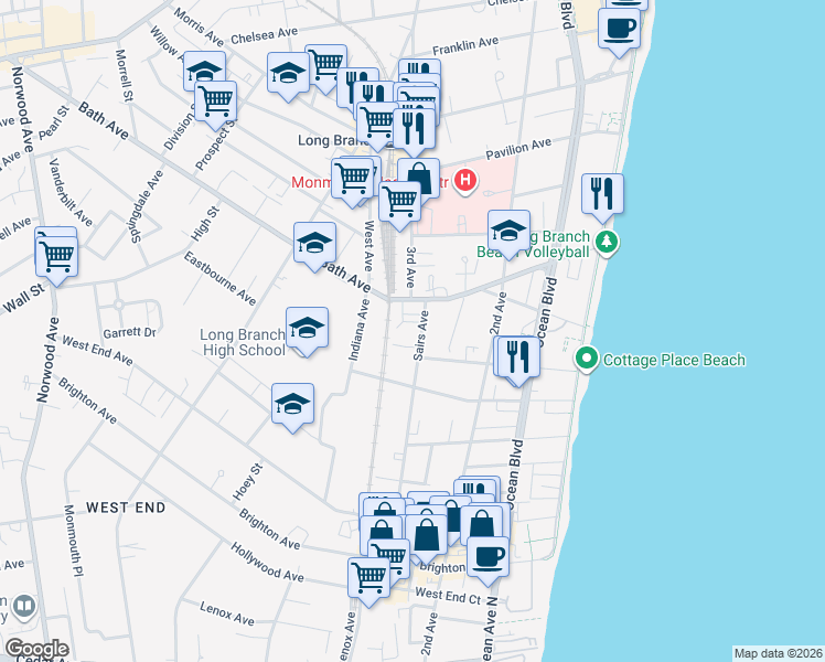 map of restaurants, bars, coffee shops, grocery stores, and more near 384 Sairs Avenue in Long Branch