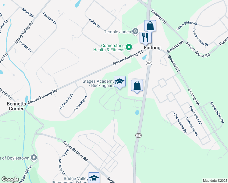 map of restaurants, bars, coffee shops, grocery stores, and more near 2416 Heritage Center Drive in Furlong