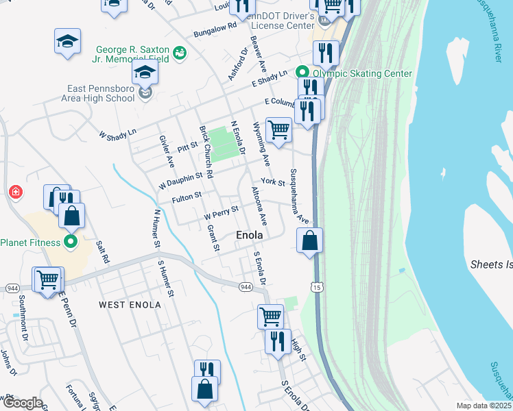 map of restaurants, bars, coffee shops, grocery stores, and more near 65 Altoona Avenue in Enola