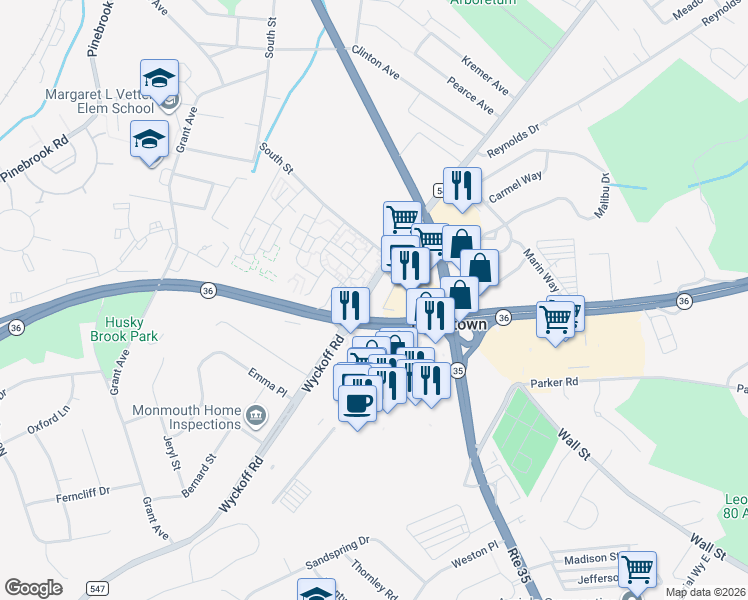 map of restaurants, bars, coffee shops, grocery stores, and more near 176 Wyckoff Road in Eatontown