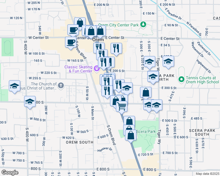 map of restaurants, bars, coffee shops, grocery stores, and more near 320 State Street in Orem