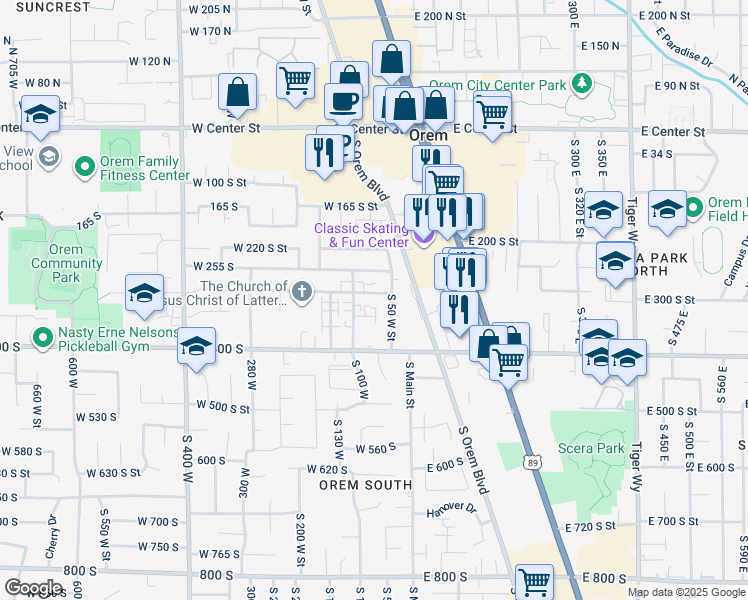 map of restaurants, bars, coffee shops, grocery stores, and more near 317 South 100 West in Orem