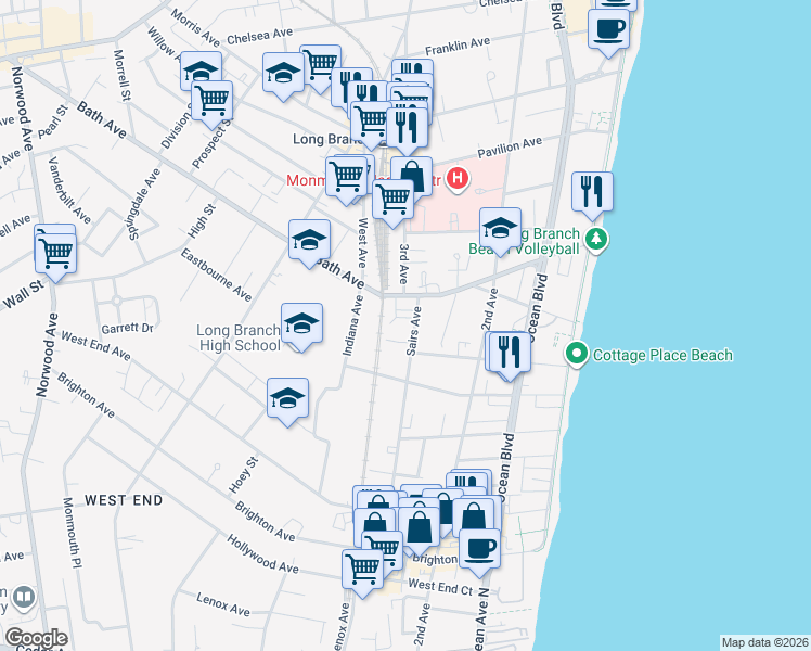 map of restaurants, bars, coffee shops, grocery stores, and more near 384 Sairs Avenue in Long Branch