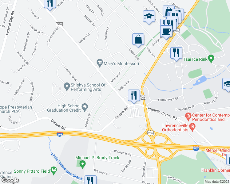 map of restaurants, bars, coffee shops, grocery stores, and more near 4 Willow Road in Lawrence Township