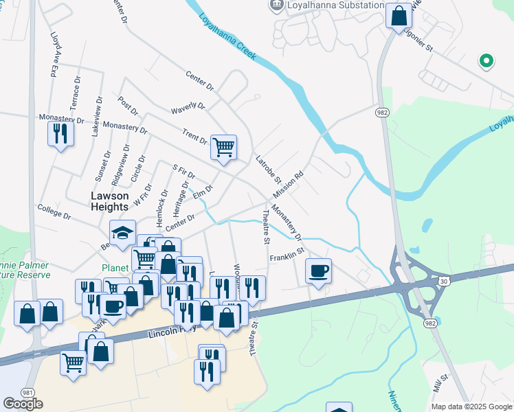 map of restaurants, bars, coffee shops, grocery stores, and more near 1129 Mission Road in Latrobe