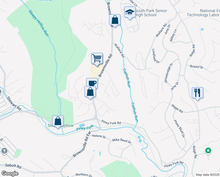 map of restaurants, bars, coffee shops, grocery stores, and more near 2675 Brownsville Road in South Park Township
