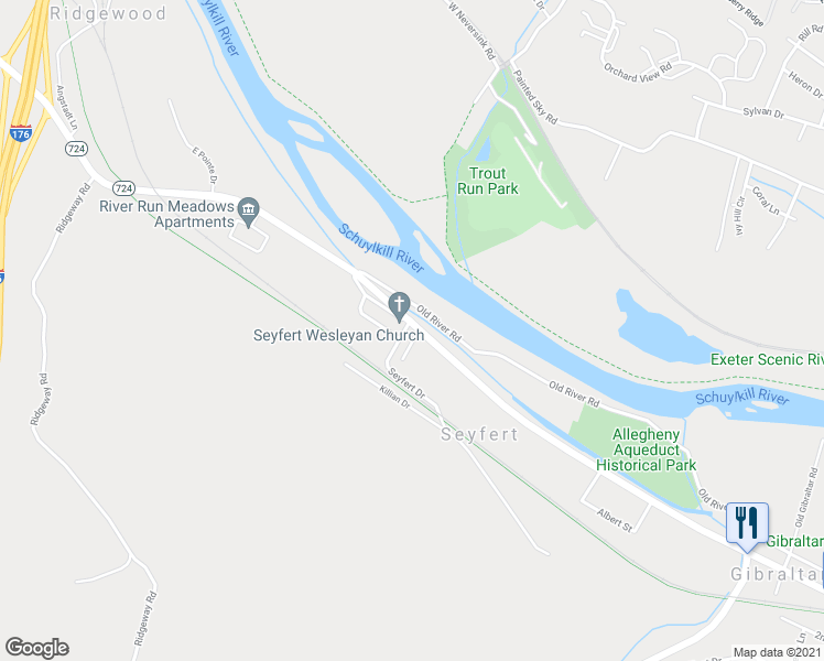 map of restaurants, bars, coffee shops, grocery stores, and more near 5 Seyfert Drive in Birdsboro