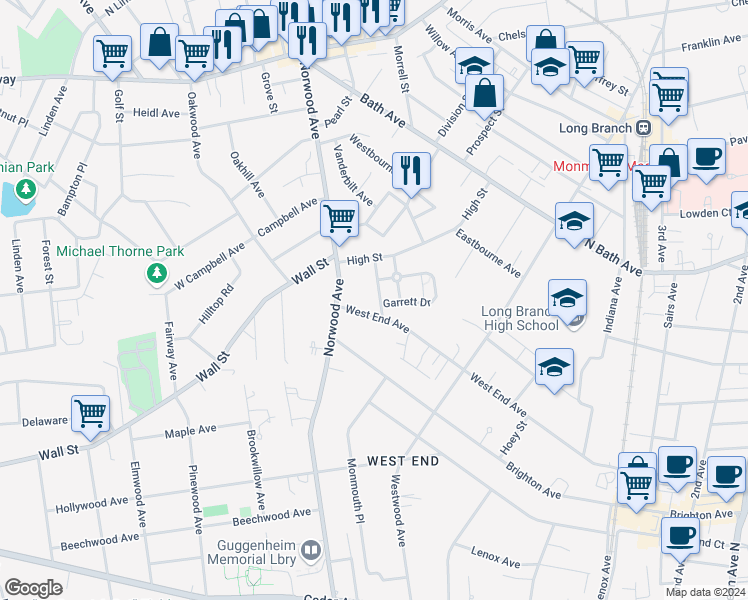 map of restaurants, bars, coffee shops, grocery stores, and more near 161 Wardell Place in Long Branch