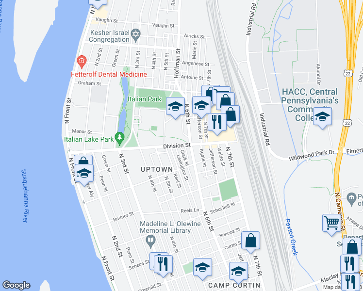 map of restaurants, bars, coffee shops, grocery stores, and more near 553 Division St in Harrisburg