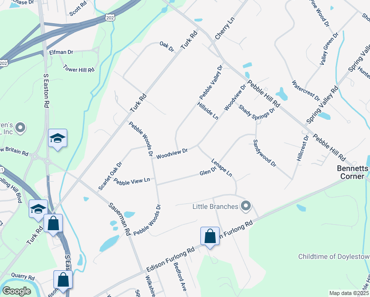map of restaurants, bars, coffee shops, grocery stores, and more near 126 Woodview Drive in Doylestown
