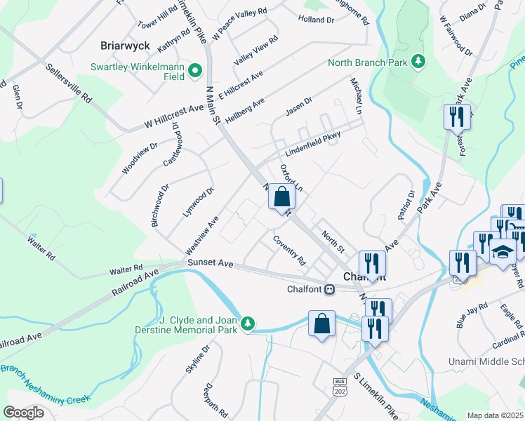 map of restaurants, bars, coffee shops, grocery stores, and more near 38 Ruthies Way in Chalfont