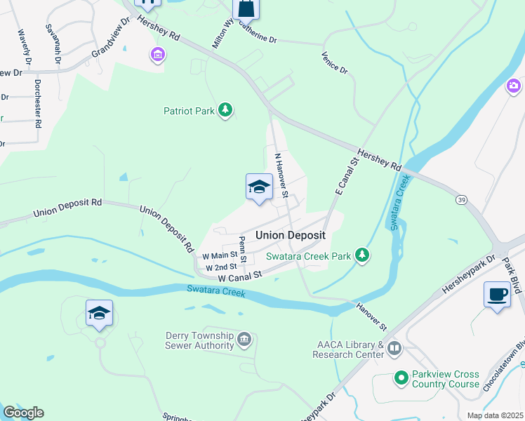 map of restaurants, bars, coffee shops, grocery stores, and more near 15 West 3rd Street in Hershey