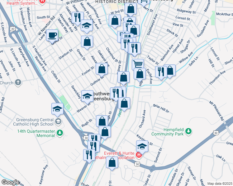 map of restaurants, bars, coffee shops, grocery stores, and more near 823R Sidney Street in Greensburg