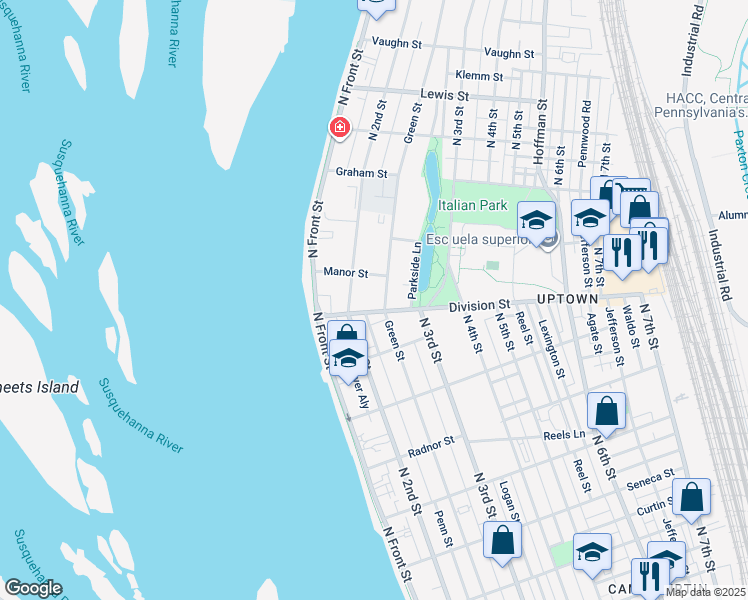 map of restaurants, bars, coffee shops, grocery stores, and more near 2902 Green St in Harrisburg