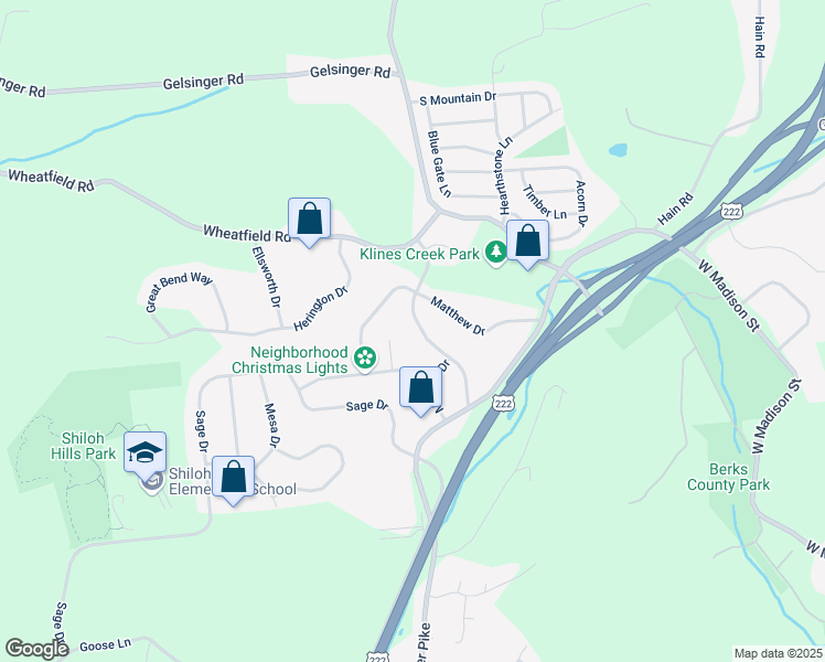 map of restaurants, bars, coffee shops, grocery stores, and more near 108 Charles Boulevard in Sinking Spring
