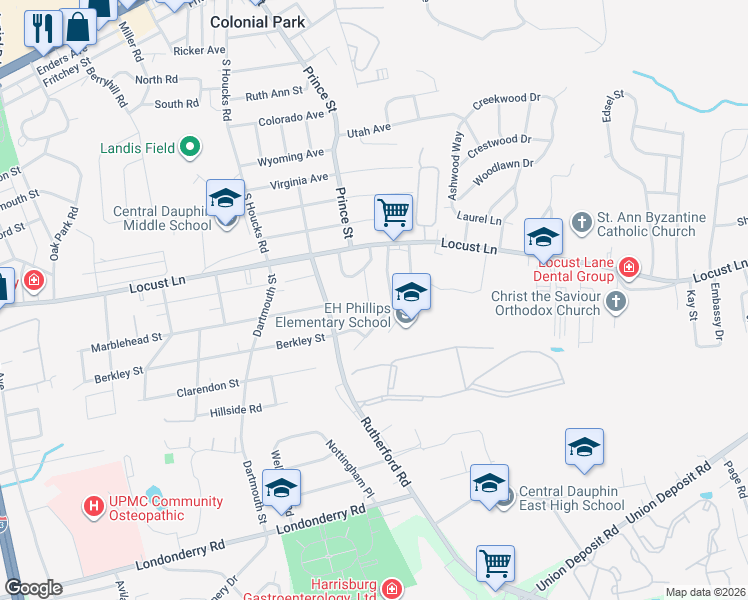 map of restaurants, bars, coffee shops, grocery stores, and more near 11 Chelsea Lane in Harrisburg