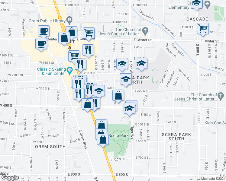 map of restaurants, bars, coffee shops, grocery stores, and more near 268 South 300 East in Orem