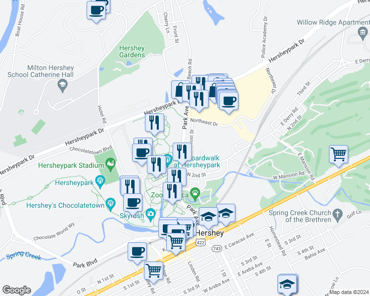 map of restaurants, bars, coffee shops, grocery stores, and more near 504 Park Avenue in Hershey