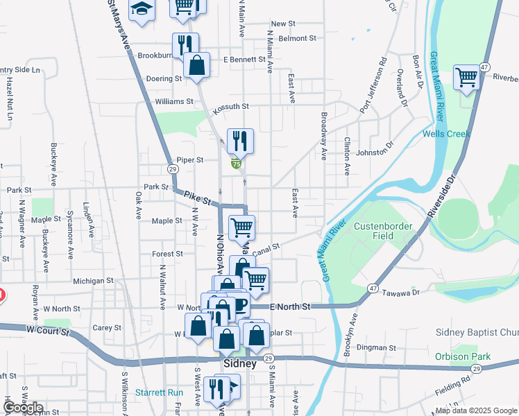map of restaurants, bars, coffee shops, grocery stores, and more near 222 Washington Street in Sidney