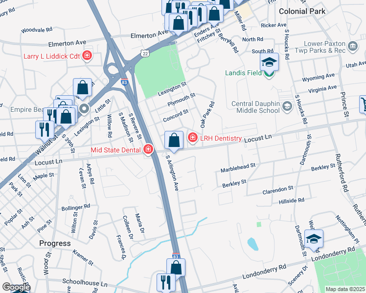map of restaurants, bars, coffee shops, grocery stores, and more near 4220 Locust Ln in Harrisburg