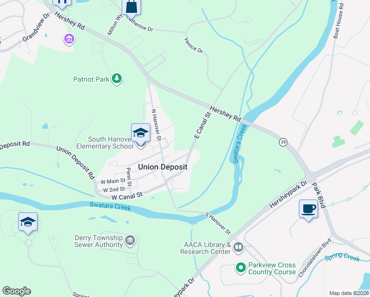 map of restaurants, bars, coffee shops, grocery stores, and more near 55 East Canal Street in Hershey