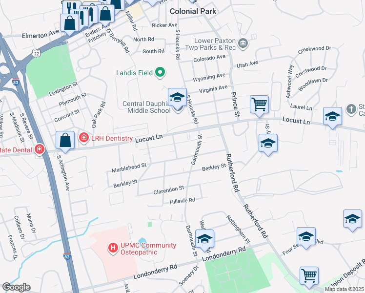 map of restaurants, bars, coffee shops, grocery stores, and more near 4610 Elba Ln in Harrisburg