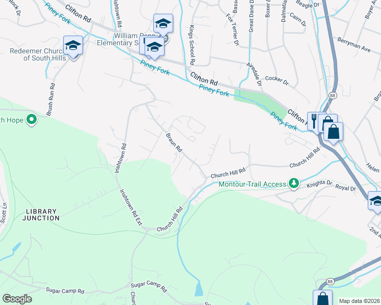 map of restaurants, bars, coffee shops, grocery stores, and more near 1201 Braun Rd in Bethel Park