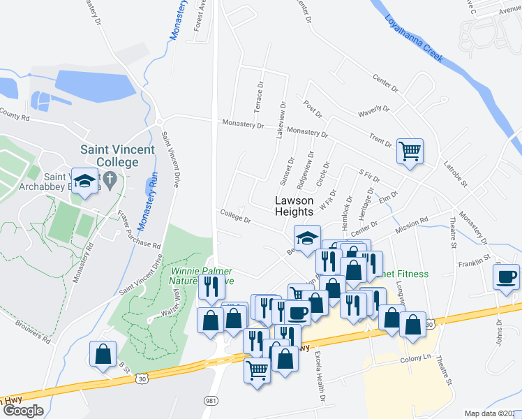 map of restaurants, bars, coffee shops, grocery stores, and more near 1253 Scenic Drive in Latrobe