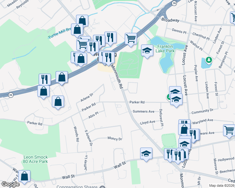 map of restaurants, bars, coffee shops, grocery stores, and more near 223 Monmouth Road in West Long Branch