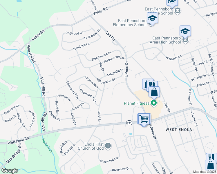map of restaurants, bars, coffee shops, grocery stores, and more near 130 Carol Lane in Enola