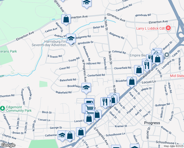 map of restaurants, bars, coffee shops, grocery stores, and more near 3406 Centerfield Road in Harrisburg
