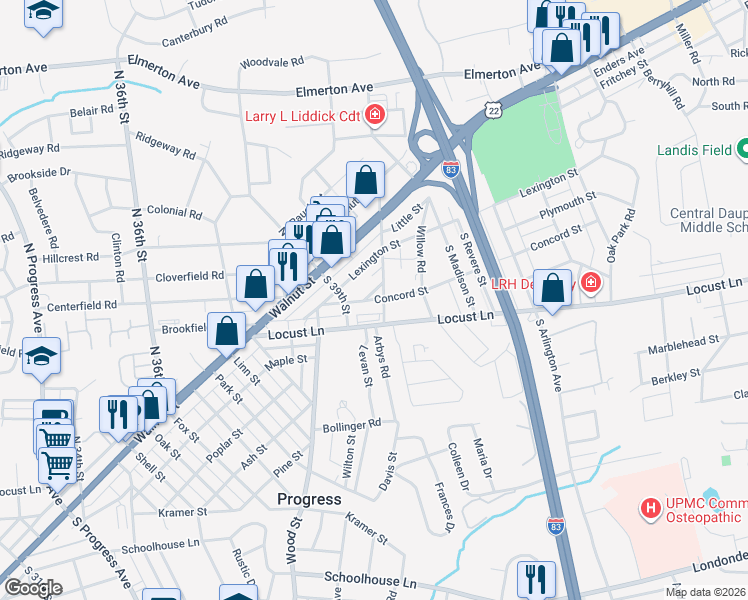 map of restaurants, bars, coffee shops, grocery stores, and more near 3943 Concord Street in Harrisburg