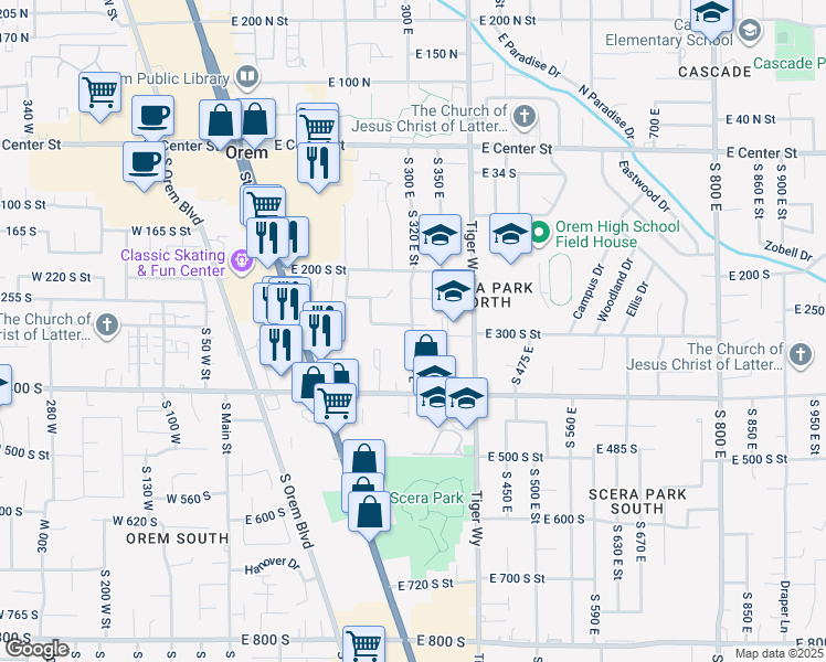 map of restaurants, bars, coffee shops, grocery stores, and more near 268 South 300 East in Orem