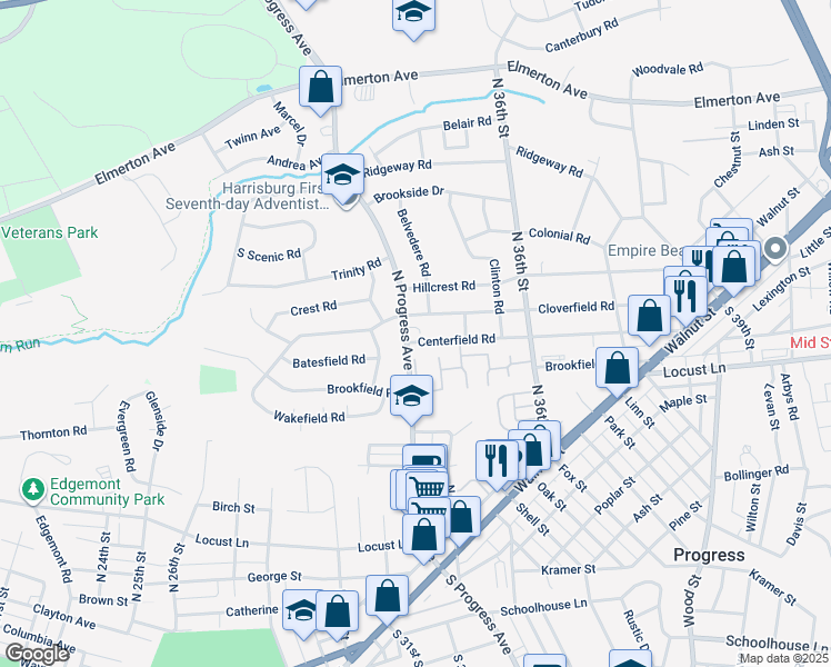 map of restaurants, bars, coffee shops, grocery stores, and more near 3406 Centerfield Road in Harrisburg